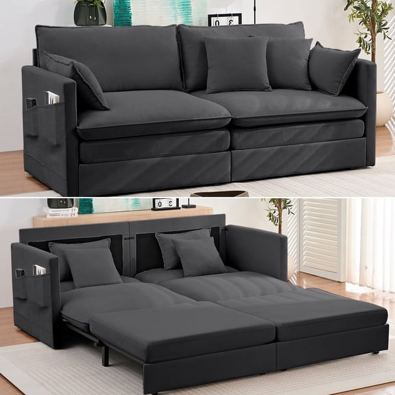 Puremind 78"W 3 in 1 Pull Out Sofa Bed, Queen Sleeper Couch with Side Pockets, Sofa with Pull Out Bed for Living Room/Apartment/Small Spaces, Dark Gray