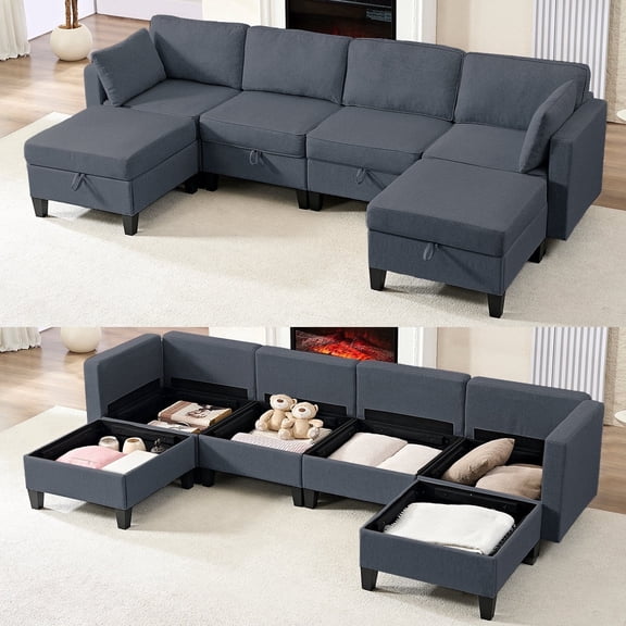 Puremind 6 Piece Modular Sectional Sofa with Storage, U/L Shaped Sectional Couch with Movable Ottoman, Convertible Sleeper Sofa for Living Room/Apartment, Dark Gray