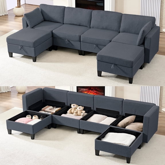 Puremind 6 Piece Modular Sectional Sofa with Storage, U/L Shaped Sectional Couch with Movable Ottoman, Convertible Sleeper Sofa for Living Room/Apartment, Dark Gray