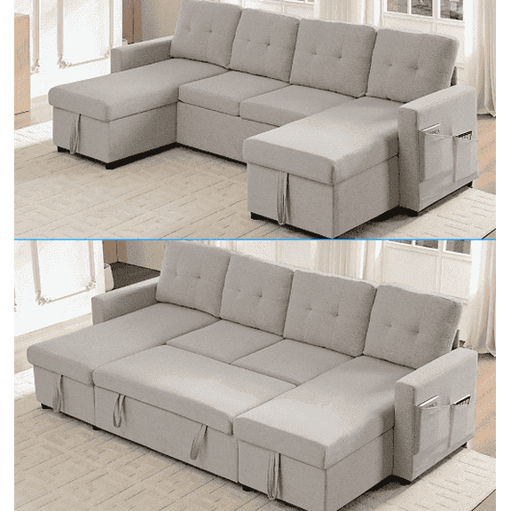 Puremind U Shaped Sectional Sleeper Sofa Bed, 2 in 1 Pull out Couch Bed with Double Storage Chaise and Side Pocket for Living Room, Light Gray
