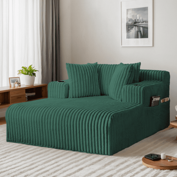 Puremind Oversized Chaise Lounge Chair Indoor, Corduroy Sofa, Deep Seat Sleeper Sofa with Cup Holders, Cloud Sofa Couch for Living Room, Green