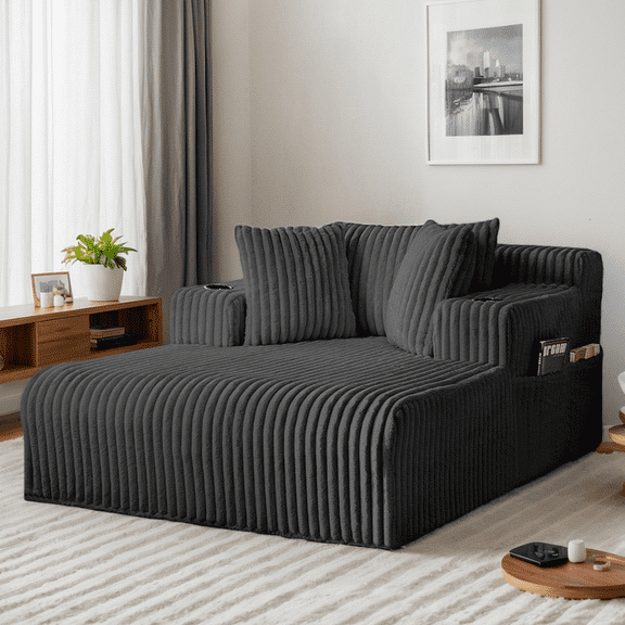 Puremind Oversized Chaise Lounge Chair Indoor, Corduroy Sofa, Deep Seat Sleeper Sofa with Cup Holders, Cloud Sofa Couch for Living Room, Dark Gray