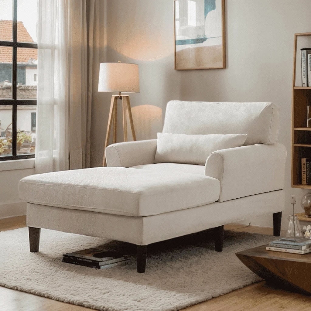 Puremind 61" Chaise Lounge Chair Indoor, Modern Velvet Lounge Chair with Cushion, Comfy Sleeper Chair for Living Room/Apartment/Bedroom, Beige