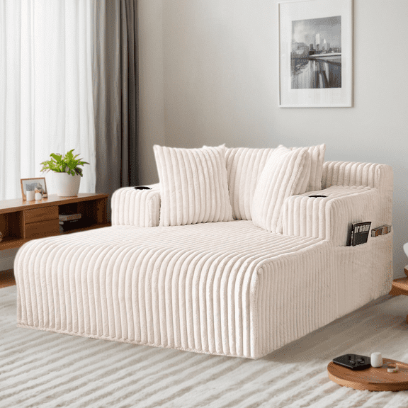 Puremind Oversized Chaise Lounge Chair Indoor, Corduroy Sofa, Deep Seat Sleeper Sofa with Cup Holders, Cloud Sofa Couch for Living Room, Beige