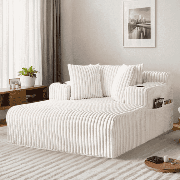 Puremind Oversized Chaise Lounge Chair Indoor, Corduroy Sofa, Deep Seat Sleeper Sofa with Cup Holders, Cloud Sofa Couch for Living Room, Beige