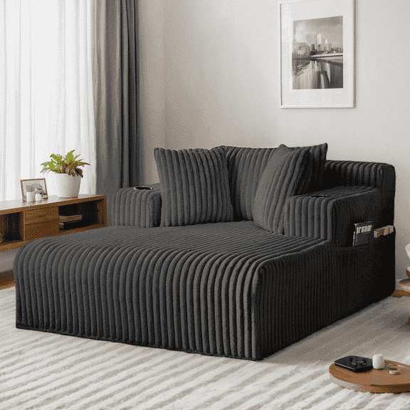 Puremind Oversized Chaise Lounge Chair Indoor, Corduroy Sofa, Deep Seat Sleeper Sofa with Cup Holders, Cloud Sofa Couch for Living Room, Black