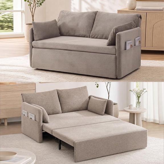 Puremind 66.5" Queen Pull Out Couch Bed with Adjustable Backrest, Bubble Fleece Convertible Sofa Bed with Side Pockets for Living Room/Apartment,Beige