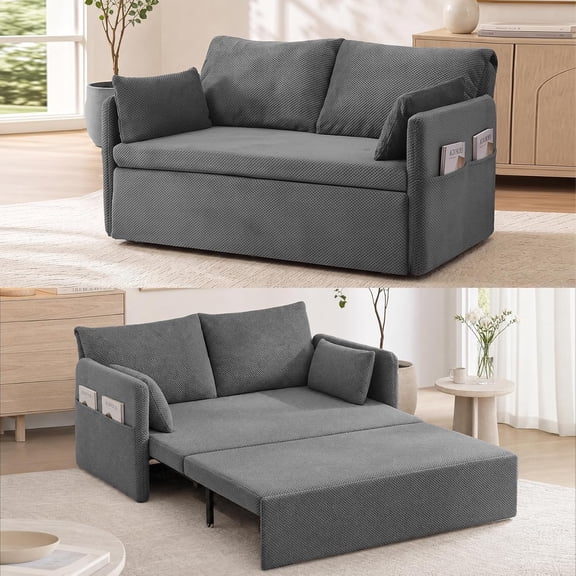Puremind 66.5" Queen Pull Out Couch Bed with Adjustable Backrest, Bubble Fleece Convertible Sofa Bed with Side Pockets for Living Room/Apartment, Gray