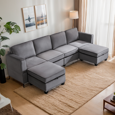 Puremind 6PCS Modular Sectional Sofa, Convertible U-Shaped Couch with Storage Ottoman, 6 Seater Oversized Sleeper Sectional Couch for Living Room/Office, Dark Gray