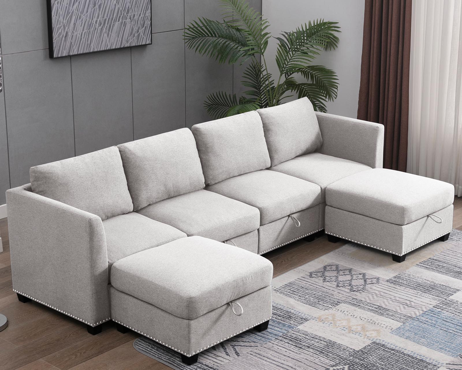Puremind 6PCS Modular Sectional Sofa with Ottomans, Convertible UShaped Couch with Storage