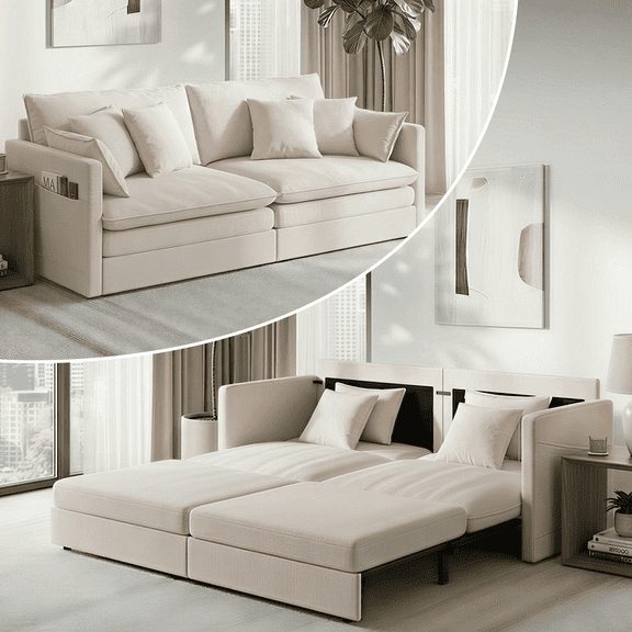 Puremind 78"W 3 in 1 Pull Out Sofa Bed, Queen Sleeper Couch with Side Pockets, Sofa with Pull Out Bed for Living Room/Apartment/Small Spaces, Beige
