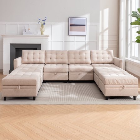 Puremind 8 Seat Modular Sectional Sofa with Storage Velvet U Shaped Couch with Reversible Chaises Sectional Sofa with Ottomans, Beige