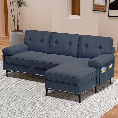 Puremind 85"L-Shaped Sectional Sofa with Reversible Chaise, Convertible Sectional Couch with Storage Pocket, Chenille Fabric 3-Seater Sofa for Living Room, Blue