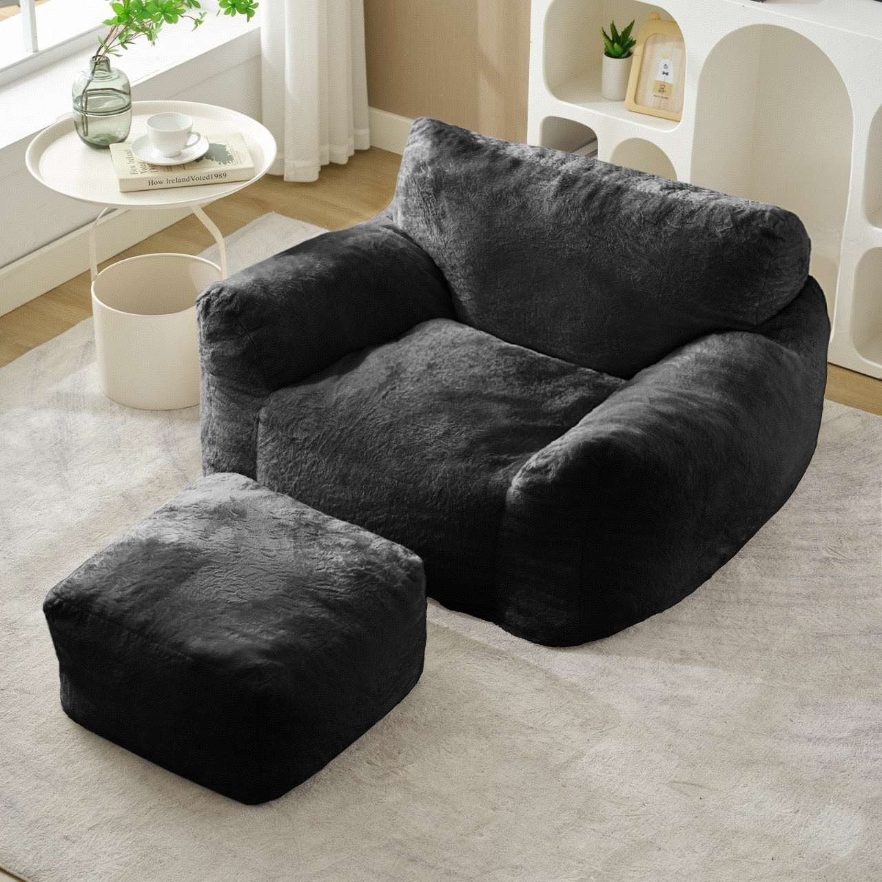 Puremind Bean Bag Chair for Kids and Adults, Oversized Bean Bag Couch with Ottoman, Faux Fur Lazy Sofa Chair for Living Room/Apartment/Bedroom, Dark Gray