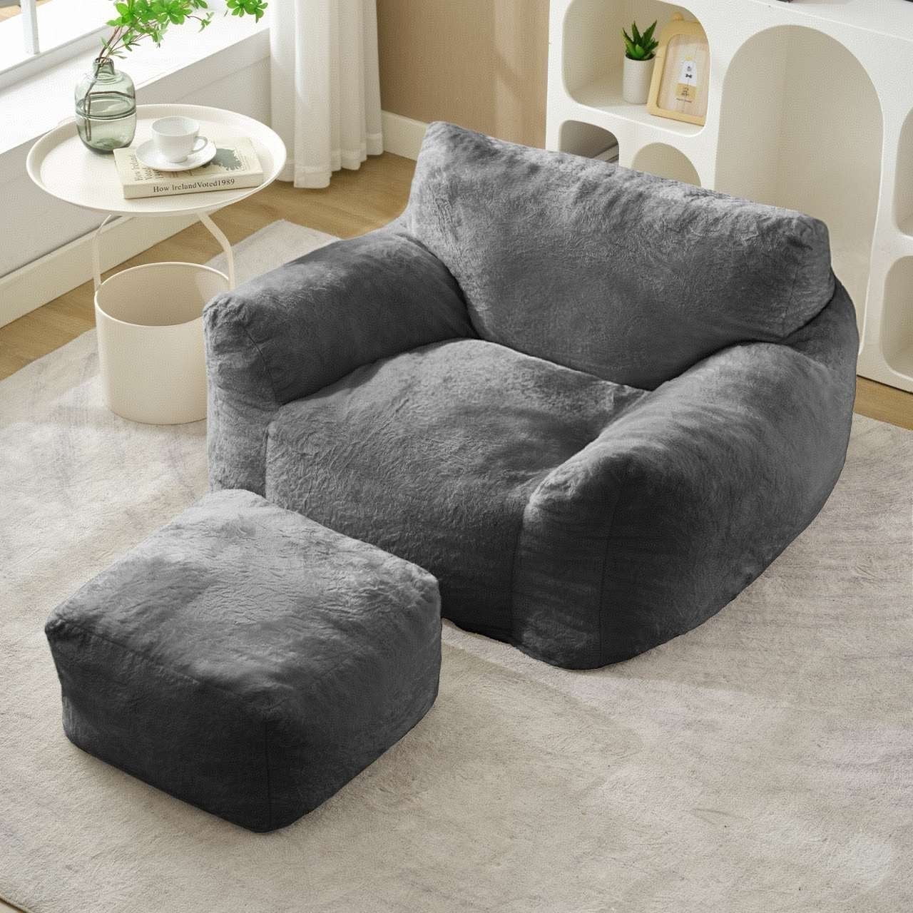 Puremind Bean Bag Chair for Kids and Adults, Oversized Bean Bag Couch with Ottoman, Faux Fur Lazy Sofa Chair for Living Room/Apartment/Bedroom, Light Gray