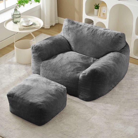 Puremind Bean Bag Chair for Kids and Adults, Oversized Bean Bag Couch with Ottoman, Faux Fur Lazy Sofa Chair for Living Room/Apartment/Bedroom, Light Gray