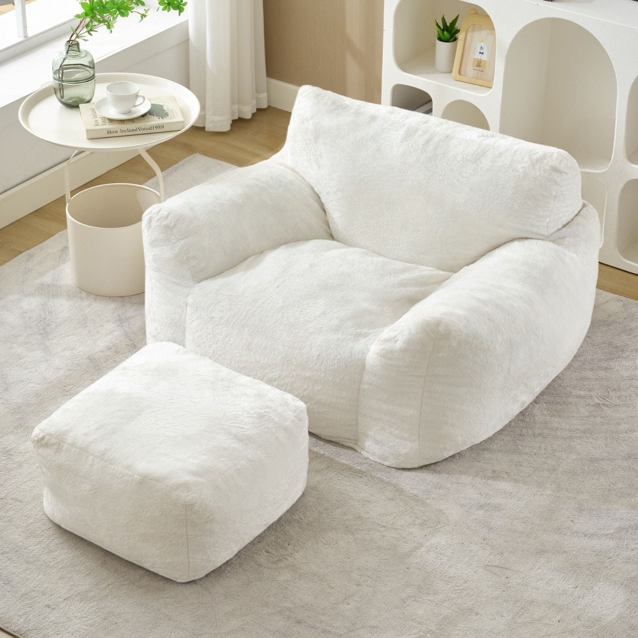 Puremind Bean Bag Chair for Kids and Adults, Oversized Bean Bag Couch with Ottoman, Faux Fur Lazy Sofa Chair for Living Room/Apartment/Bedroom, Beige