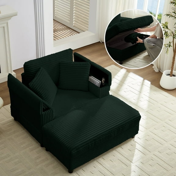 Puremind Chaise Lounge Indoor Furniture, Corduroy Lounge Chair with Movable Storage Ottoman and Armrest, Fluffy Sofa Couch with Throw Pillows for Living Room/Bedroom, Green