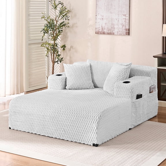 Puremind Chaise Lounge Indoor Furniture, Corduroy Lounge Chair Sofa with Cup Holders, Deep Seat Cloud Sofa Couch for Living Room/Apartment, Light Gray