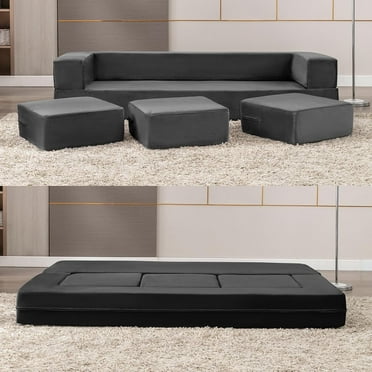 Puremind Convertible Folding Sofa Bed, Dutch Velvet Upholstered Floor Sofa Couch with 3 Ottomans, Fold Out Couch Bed, Foldable Sleeper Sofa for Guest Room/Bedroom/Living Room, Queen,Dark gray