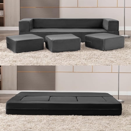 Puremind Convertible Folding Sofa Bed, Dutch Velvet Upholstered Floor Sofa Couch with 3 Ottomans, Fold Out Couch Bed, Foldable Sleeper Sofa for Guest Room/Bedroom/Living Room, Queen,Dark gray