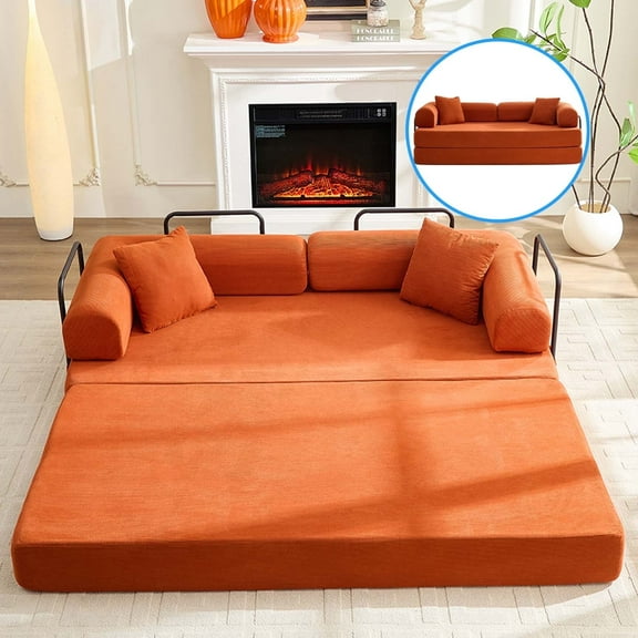 Puremind 78.7"W Convertible Folding Sofa Bed, Corduroy Sleeper Sofa, Foldable Floor Couch with Pull Out Bed for Living Room/Small Space, Orange