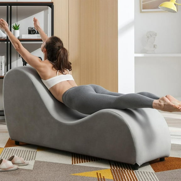 Puremind Curved Yoga Chair for Adults, Modern Chaise Lounge Indoor for Yoga,Dutch Velvet Yoga Chaise Lounge,Light Gray
