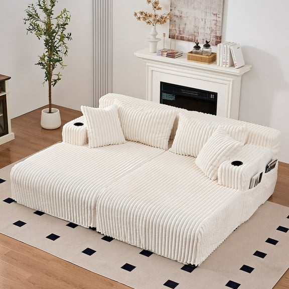 Puremind 85“W Double Chaise Lounge Chair Indoor, Oversized Sectional Corduroy Sofa Bed, Deep Seat Sleeper Loveseat, Cloud Sofa for Living Room/Apartment, Beige