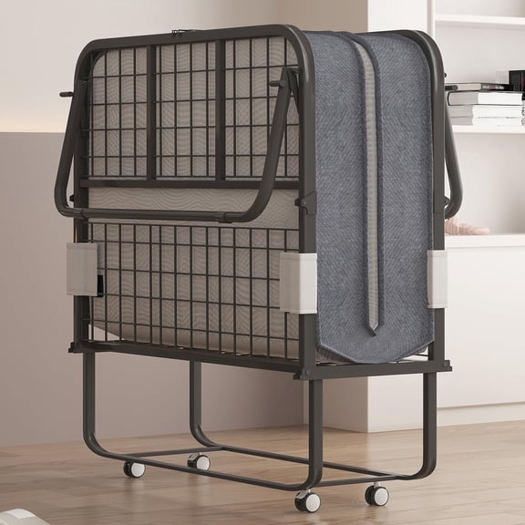 Puremind Folding Bed with 5 Inch Foam Mattress Included, 75" x 38" Rollaway Bed Twin Size with Lockable Rollers, Space-Saving Temporary Bed for Guests and Families, Standard