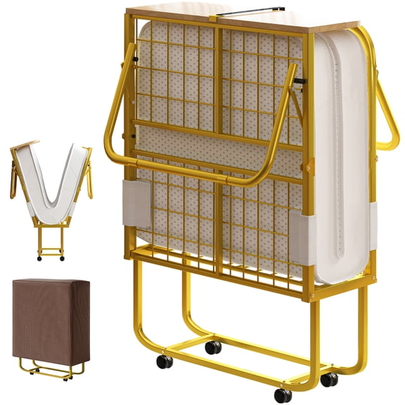 Puremind Folding Bed with 5” Mattress Included, Temporary Bed for Guests and Families, 75"x31" Size Bed Frame, Space-Saving Rollaway Bed with Lockable Rollers, Upgraded (A+), Gold