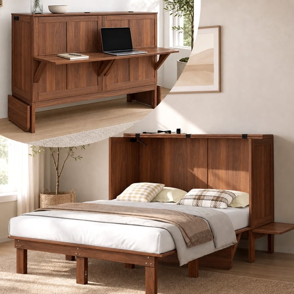 Puremind Full Size Murphy Bed Desk with Mattress, Hideaway Wall Bed with Charging Port, Folding Cabinet Bed for Home/Small Space, Brown