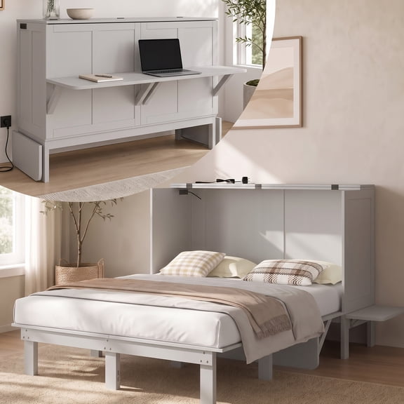 Puremind Full Size Murphy Bed Desk with Mattress, Hideaway Wall Bed with Charging Port, Folding Cabinet Bed for Home/Small Space, Light Gray