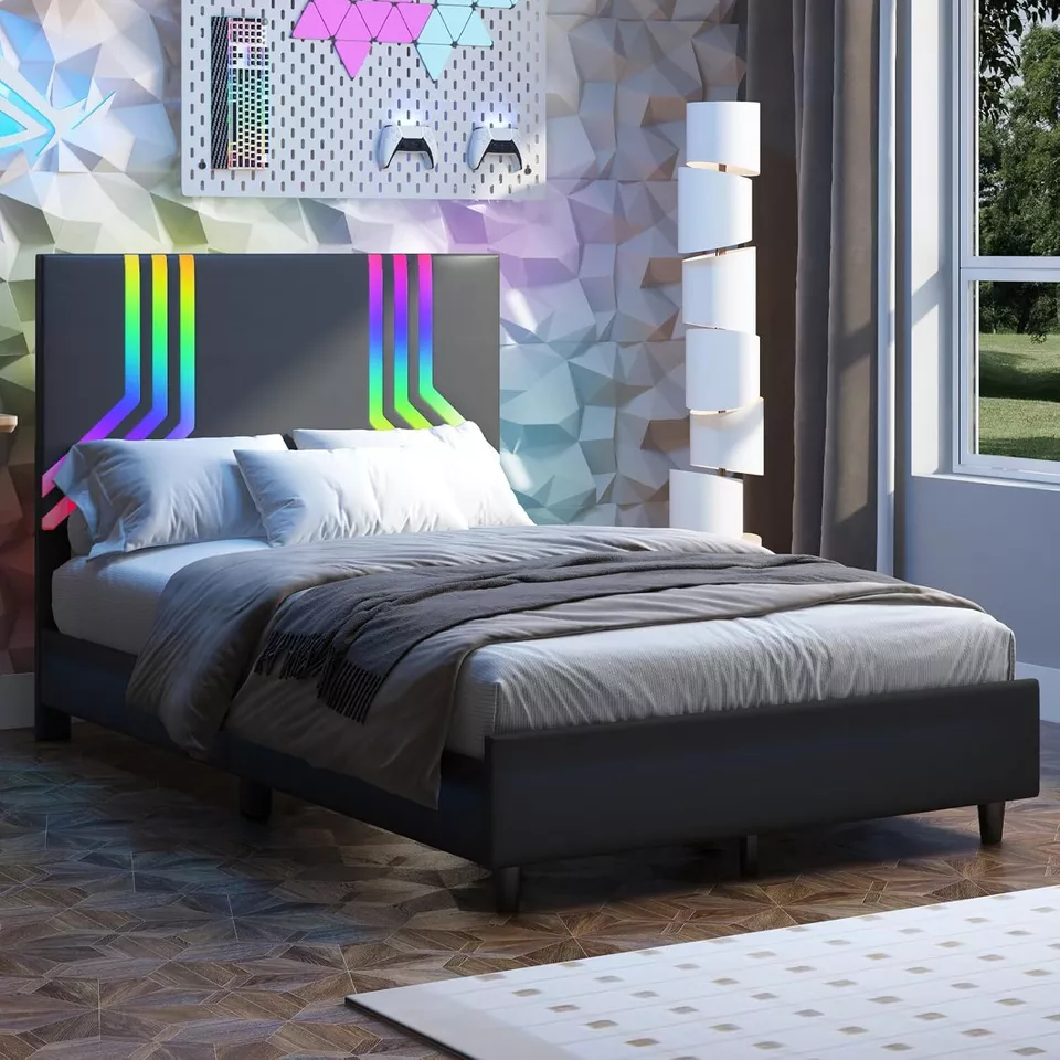 Puremind Gaming Bed Frame, Twin Size Platform Bed Frame, RGB LED Gaming Bed with PVC Upholstered ...