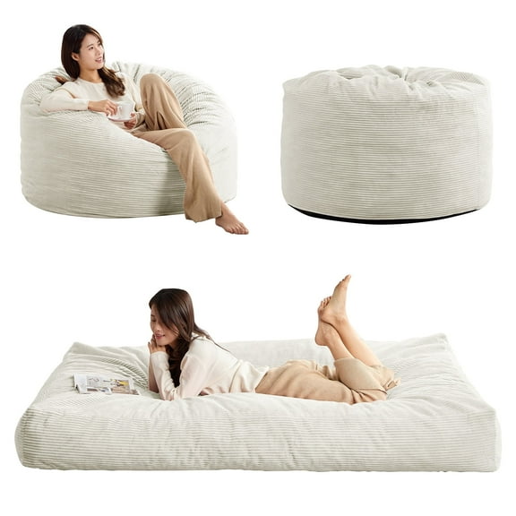 Puremind Giant Bean Bag Chair Bed for Adults, Convertible Bean Bag from Lazy Sofa Chair to Floor Mattress, Large Round Bean Bag Sofa, Machine Washable, White