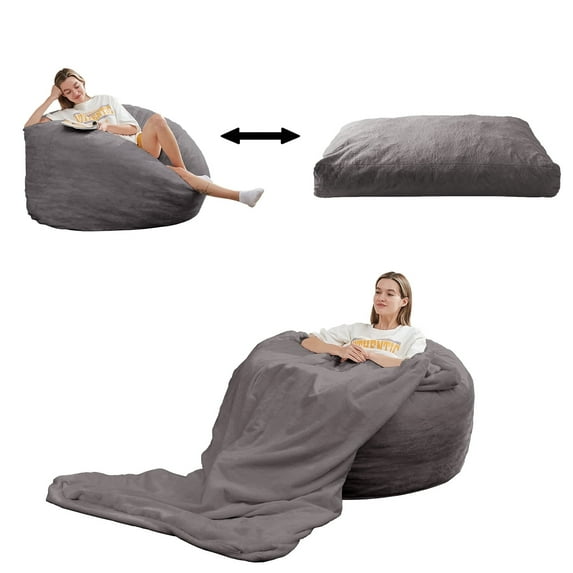 Puremind Giant Bean Bag Chair Bed for Adults, Convertible Plush Bean Bag from Lazy Chair to Floor Mattress, Large Round Lazy Sofa with High-Density Foam Filling, Light Gray