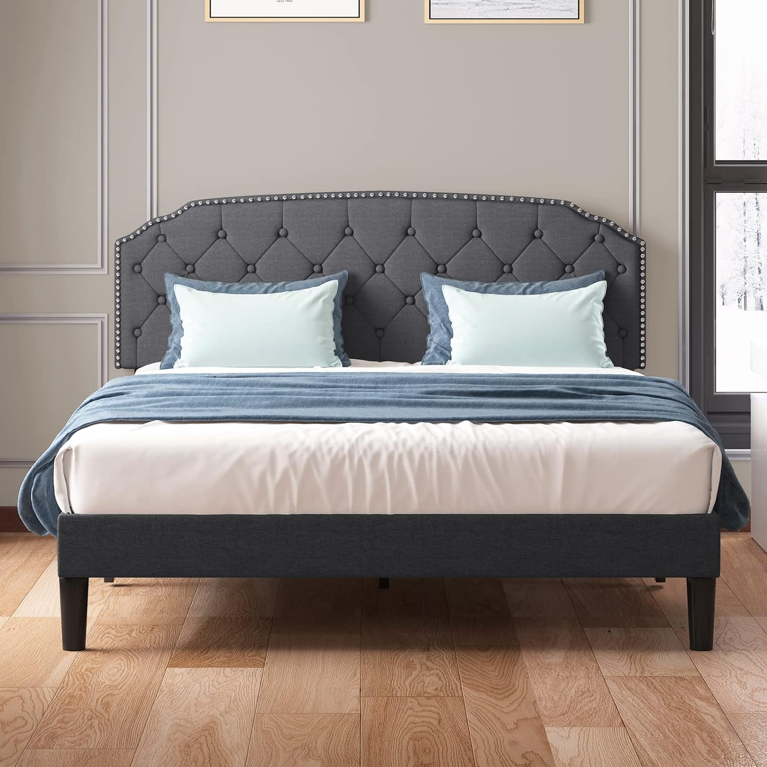 Puremind King Size Bed Frame | Linen Fabric Bedroom Furniture ...