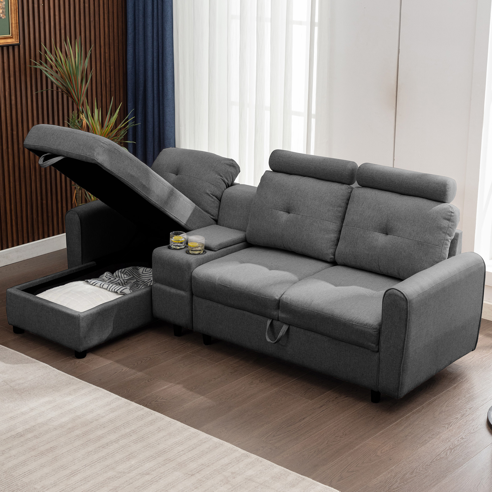 Puremind Durable L-Shaped Sectional Sofa with Reversible Storage Chaise ...