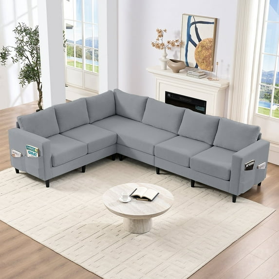 Puremind L Shaped Sofa, Oversized 5 Seat Corner Sofa with Side Pockets, Modern Linen Sectional Couches for Living Room/Apartment, Light Gray