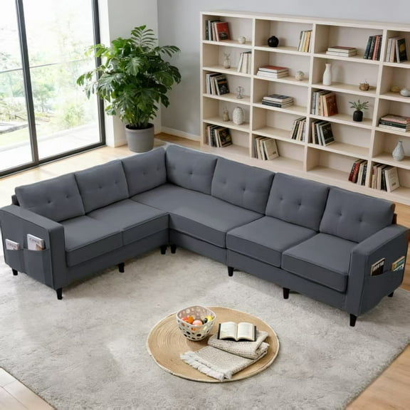 Puremind L Shaped Sofa, Oversized 5 Seat Corner Sofa with Side Pockets, Sectional Couches for Living Room/Apartment, Dark Gray