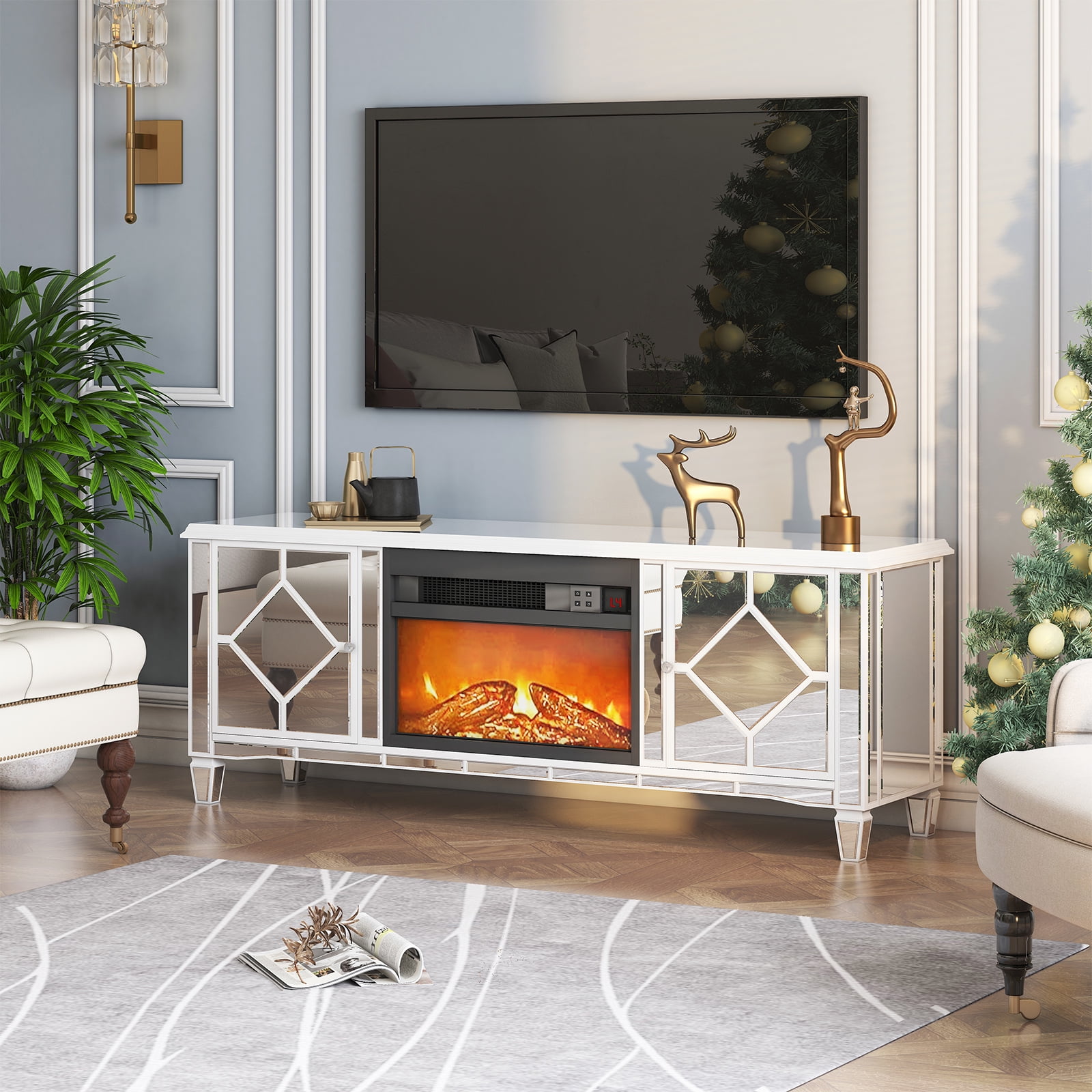 Puremind Mirrored TV Stand with Fireplace for 75+ inch TV, Silver