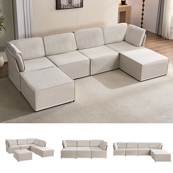 Puremind Modular Sectional Sofa with Movable Ottoman, Convertible U Shaped Couch, Linen 6 Seater Free Combination Sleeper Sofa for Living Room, Beige