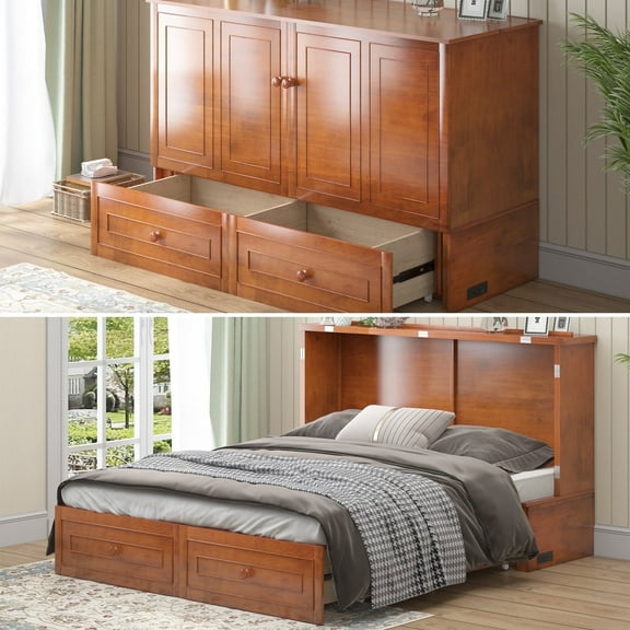 Puremind Queen Size Solid Wood Murphy Bed with Mattress Included, Murphy Chest Bed with Charging Station & Storage Drawers, Folding Bed Cabinet Bed for Bedroom/Office/Study, Brown