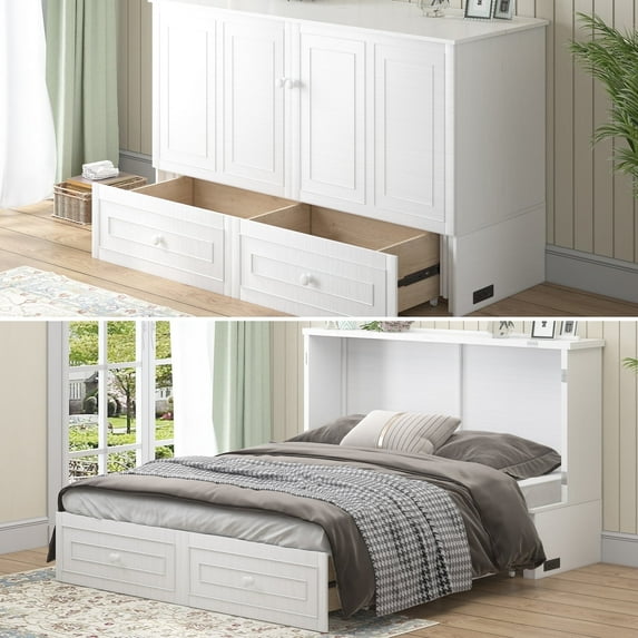 Puremind Queen Size Murphy Bed with Mattress Included, Murphy Chest Bed with Charging Station & Storage Drawers, Folding Bed Cabinet Bed for Bedroom/Office/Study, White