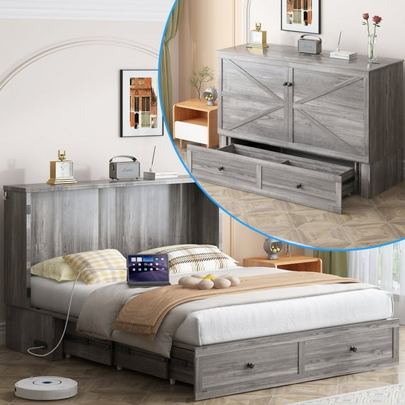 Puremind Murphy Bed Queen with Tri-Foldable Mattress, Cabinet Bed with Charging Station and Storage Drawer, Murphy Bed Furniture for Guest Room/Home/Office, Gray