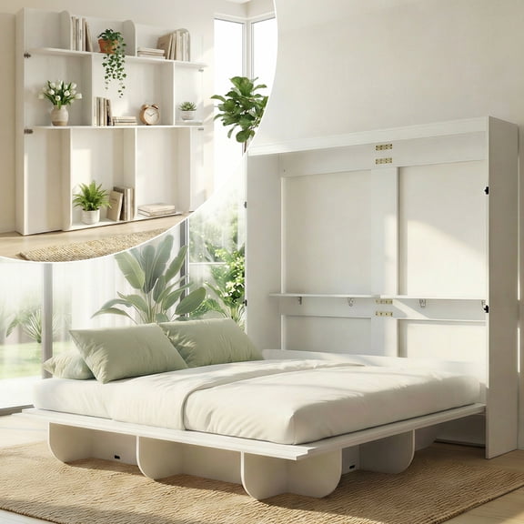 Puremind Queen Murphy Bed Cabinet, Foldable Platform Bed Frame, Wall Bed Cabinet Bed for Bedroom/Office, No Box Spring Needed, White