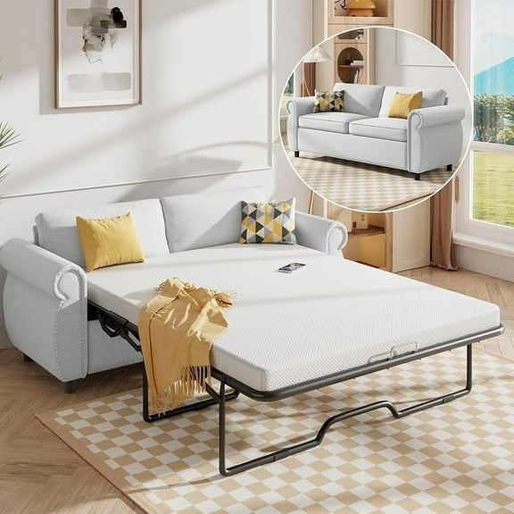 Puremind Queen Size Pull Out Sofa Bed, Convertible 2-in-1 Sleeper Sofa Bed with Memory Foam Mattress, Upholstered Pull out Couch Bed, Loveseat Sleeper Sofa for Living Room/Apartment, Beige