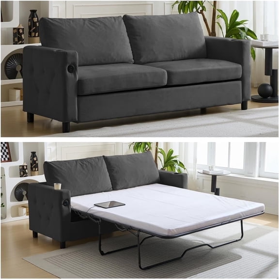 Puremind Queen Size Pull Out Sofa Bed, Convertible Sleeper Sofa with Mattress, USB & Cup Holders, Sofa with Pull Out Bed for Living Room/Apartment, Dark Gray