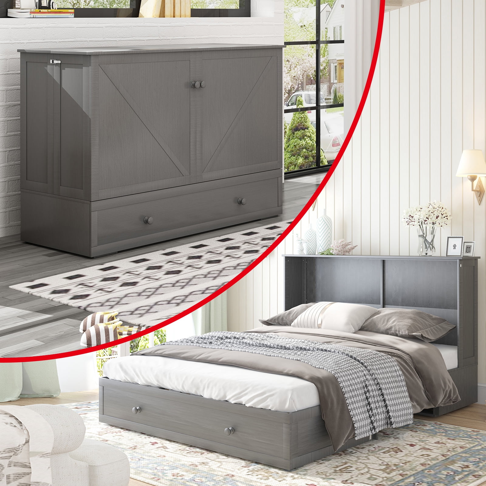 Puremind Queen Size Murphy Bed with Foldable Mattress,Murphy Wall Bed ...