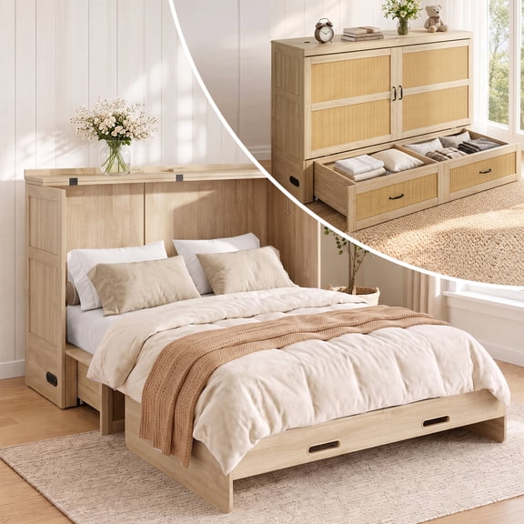 PUREMIND Queen Size Rattan Murphy Bed with Mattress, Hideaway Cabinet Bed with Charging Port and Storage Drawer for Home/Office, Natural Wood