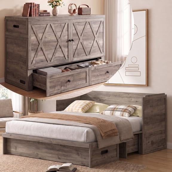 Puremind Queen Size Murphy Bed with Mattress, Murphy Cube Cabinet Bed with USB Charging Station and Storage Drawer for Guest Room/Home/Office, Gray